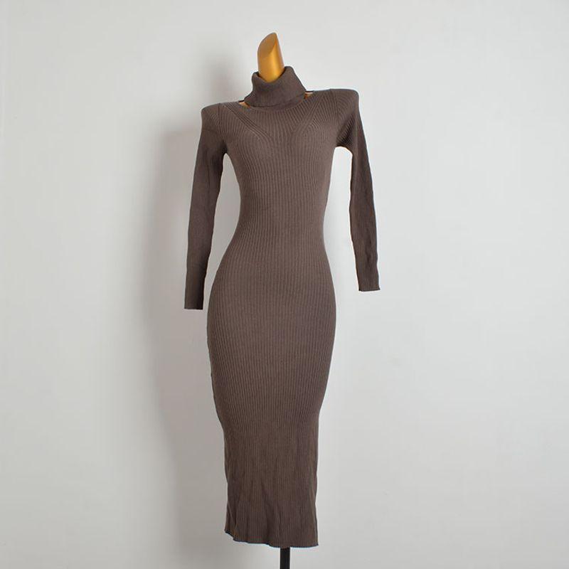 Fashion Fancy Autumn Sheath High Low Collar Split Dress Silm Slimming Versatile Long Sleeves Knitting Dress Women