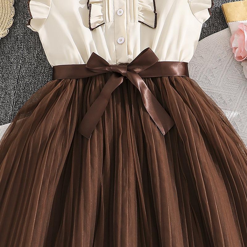 Abito alla moda per bambina - Abito a rete patchwork elegante a maniche corte per bambini Primavera/Estate