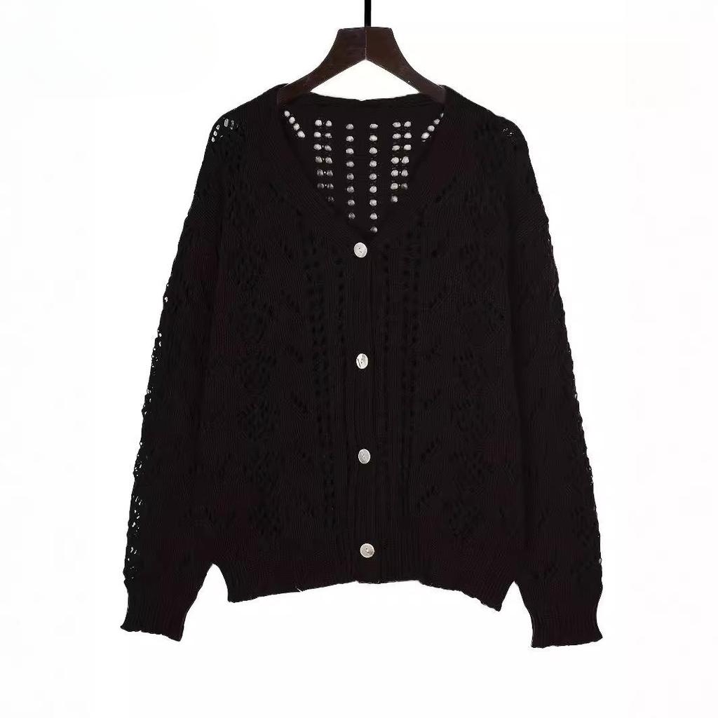 Women's Vintage Knitted Sweater Hollow Out Breathable Button Cardigan V-Neck Outer Solid Colour Top