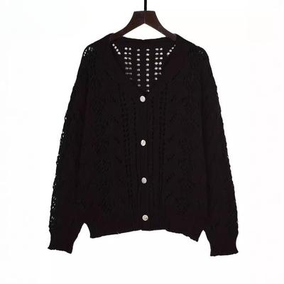 Women's Vintage Knitted Sweater Hollow Out Breathable Button Cardigan V-Neck Outer Solid Colour Top