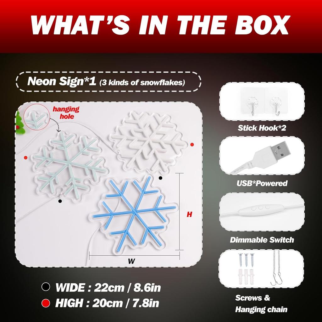 Goneons 3 Pcs Snowflake Neon Sign - 3 Colors USB Powered LED Winter Neon Light for Window Decor & Christmas Tree Party Living Room Gift