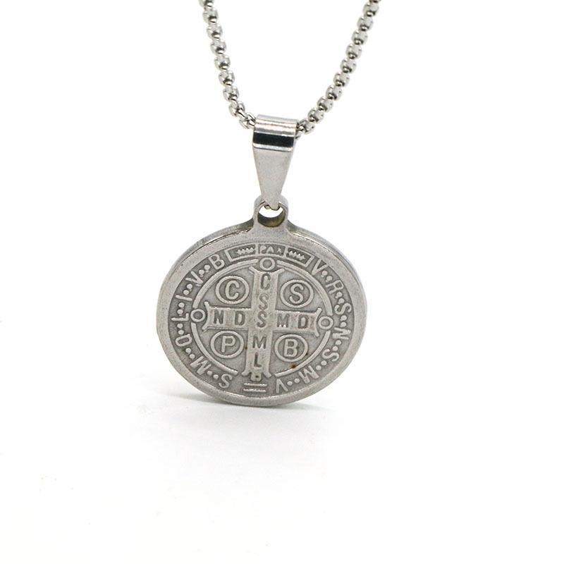 Stainless Steel Religious Exorcism Saint Benedict Necklace Round Pendant No Fade for Family Gathering Faith Souvenir Gifts