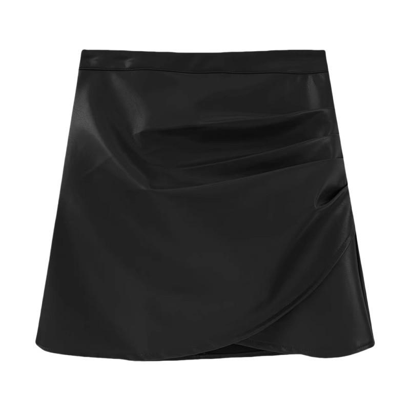 

Women s Coffee Leather High-Waisted Pleated A-Line Skirt - Plus Size, Anti-Exposure, Hip-Hugging, Short, for Spring & Autumn. 2XL
