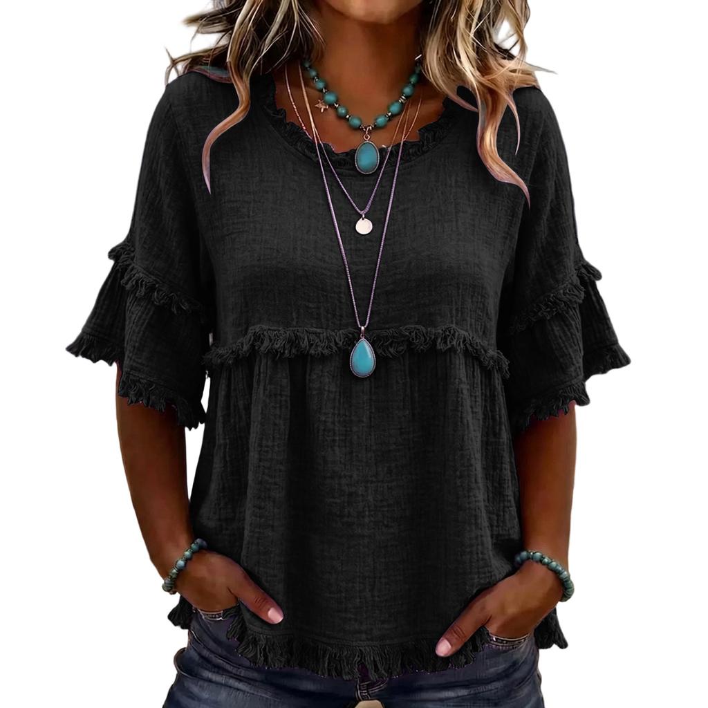 Women’s Vintage Round Neck Short Sleeve Top with Fringed Hem and Fabric for Casual Everyday Wear