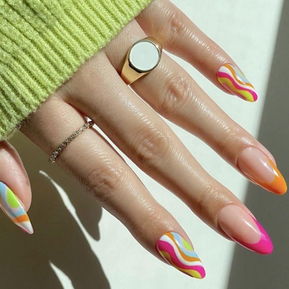 

24шт DIY маникюр красочные волнистые накладные ногти длинные французский миндаль