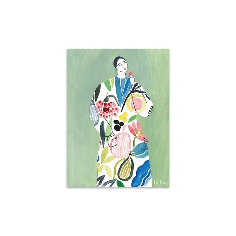 Boho Woman Flower Garden Green Tone Canvas Painting  Nordic Posters  Prints Wall Art for Living Room Home Decor