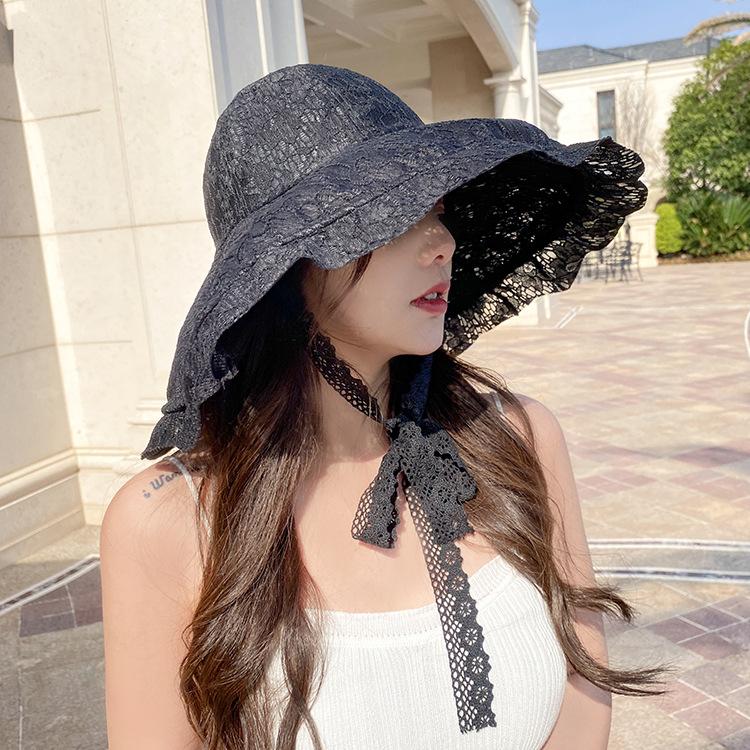 Cappello da sole in pizzo da donna Cappelli estivi bianchi neri da donna Cappello da pescatore Cappello da sole da spiaggia Cappello estivo a tesa larga grande da donna