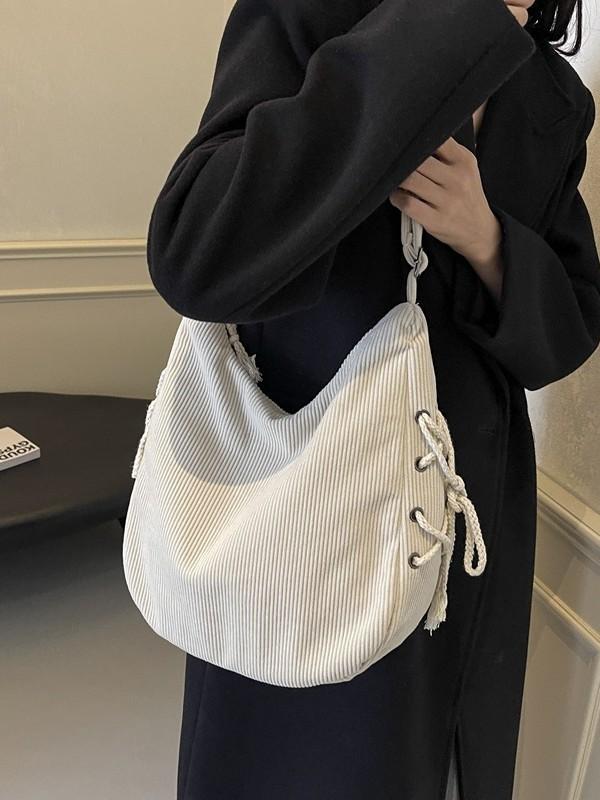 Cotton Corduroy Tote Bag With Zipper Closure For Daily Commuting And Office Use