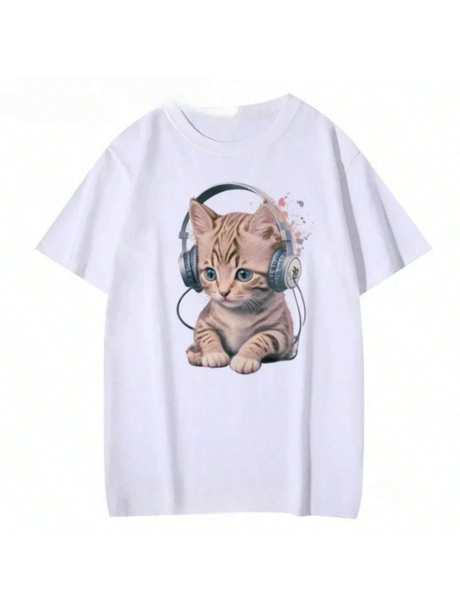 Kawaii Kitten With Headphones Print Wounisex T Shirt Short Sleeve O Neck Red T-Shirt Ladies Tee Shirt Tops Clothes Camisetas Mujer S разноцветный