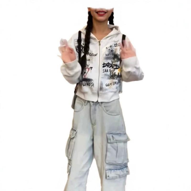 Y2K Millennium Style 3D Print Cropped Hooded Zip Up Sweatshirt Retro Distressed Gray Slim Fit Casual Top Young Adults