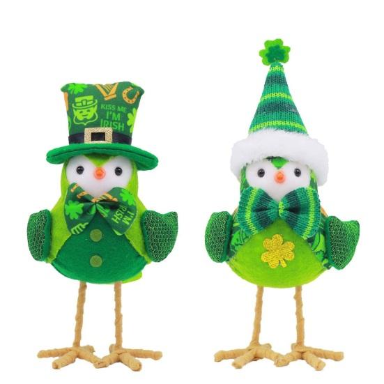 Gnome Doll St Patrick's Day Decoration Plush Bird Figurine with Shiny Wings Green Sweater Four Leaf Clover Embroidered Hat Soft Wool Legs Holiday Gift