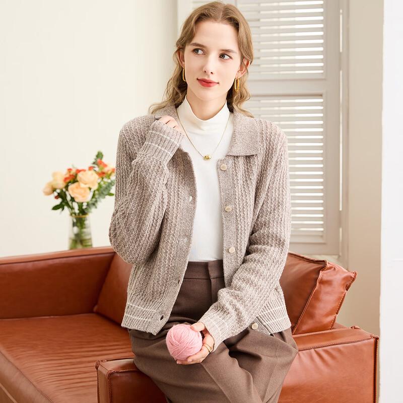 

TUHUANG Elegant Thick Pure Wool 2025 A/W Lapel Cardigan Sweater for Women M
