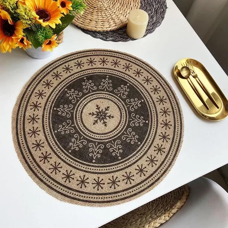 

Jute Table Mats Christmas Woven Placemat Ins Printed Hairball Thermal Insulation Mat Retro Cotton and Linen Decorative Mat 38cm