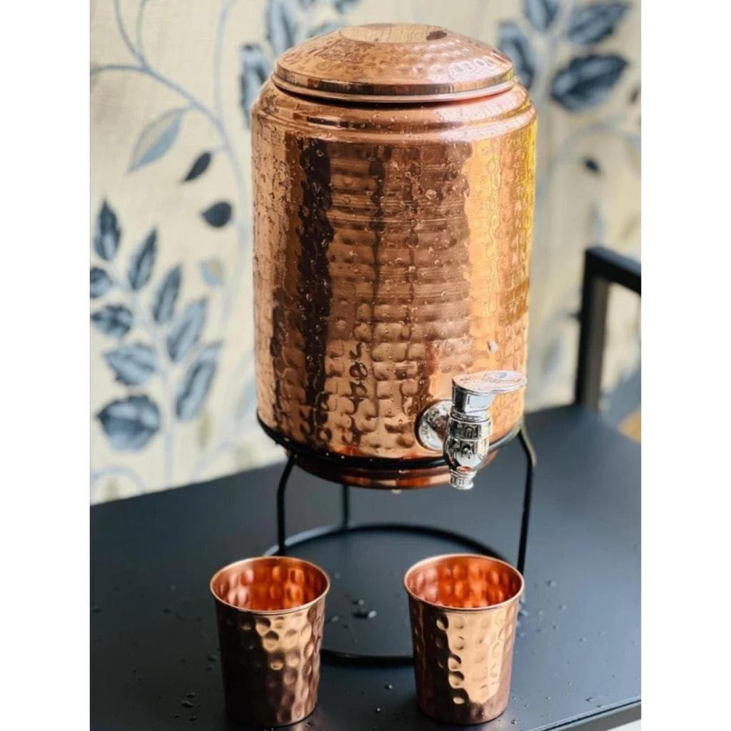 5 Litre Hammered Copper Water Dispenser (Matka/Pot) Container Pot with 1 Copper Glass and Stand,Pure Copper and Ayurvedic Health Benefits (5000 Ml)