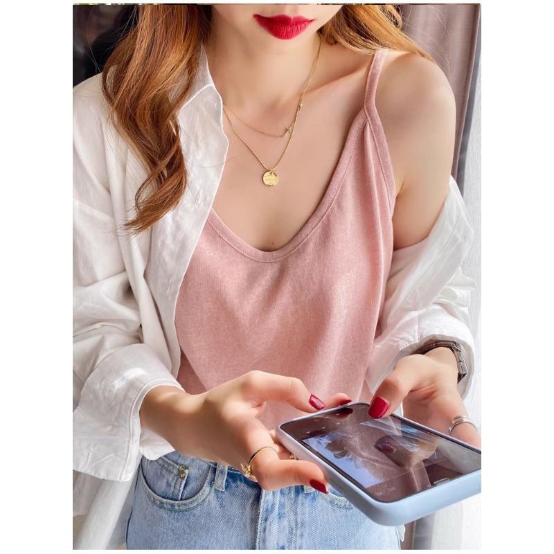 Women V-neck Spaghetti Strap Camisole Casual Solid Color Bamboo Cotton Lightweight Tank Top