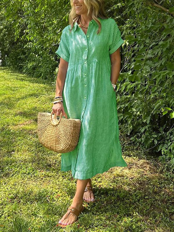 Women Striped Shirt Dress Short Sleeve Lapel Casual Midi Dress with Asymmetric Hem