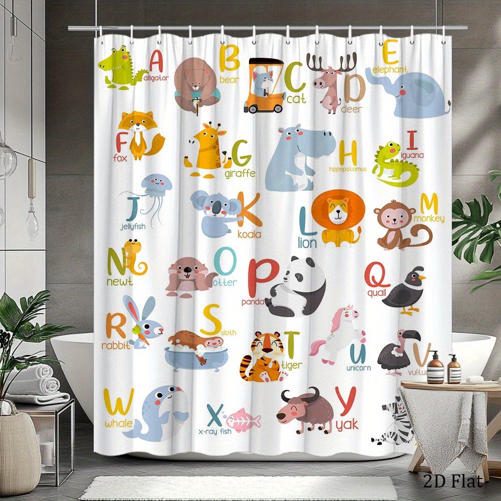 Animal Alphabet Shower Curtain Cute Cartoon Animals A-Z Print Polyester Bath Curtain With Hooks For Kids Bathroom Decor