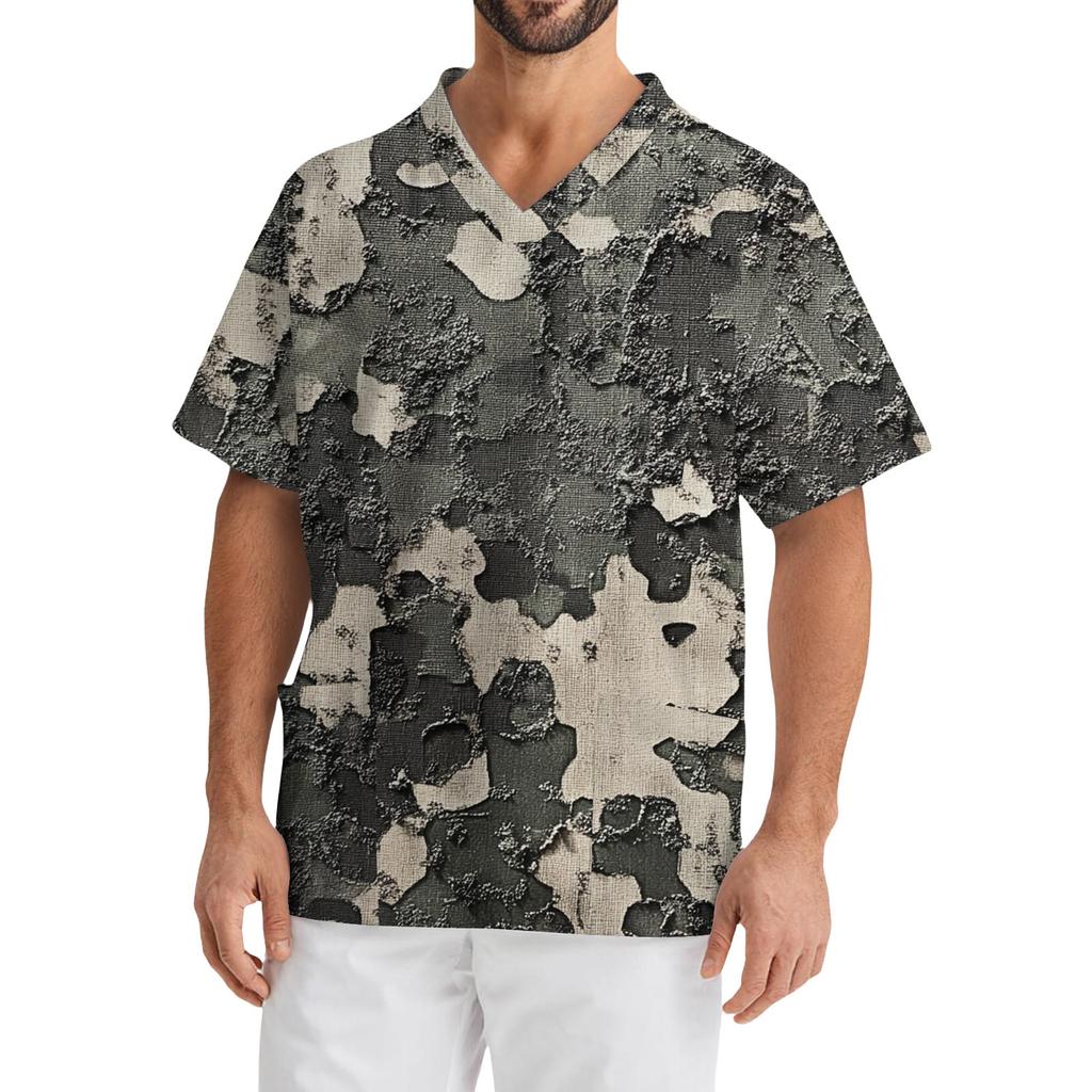 Top casual cu mânecă scurtă și gât în V pentru bărbați, cu imprimeu și buzunar frontal