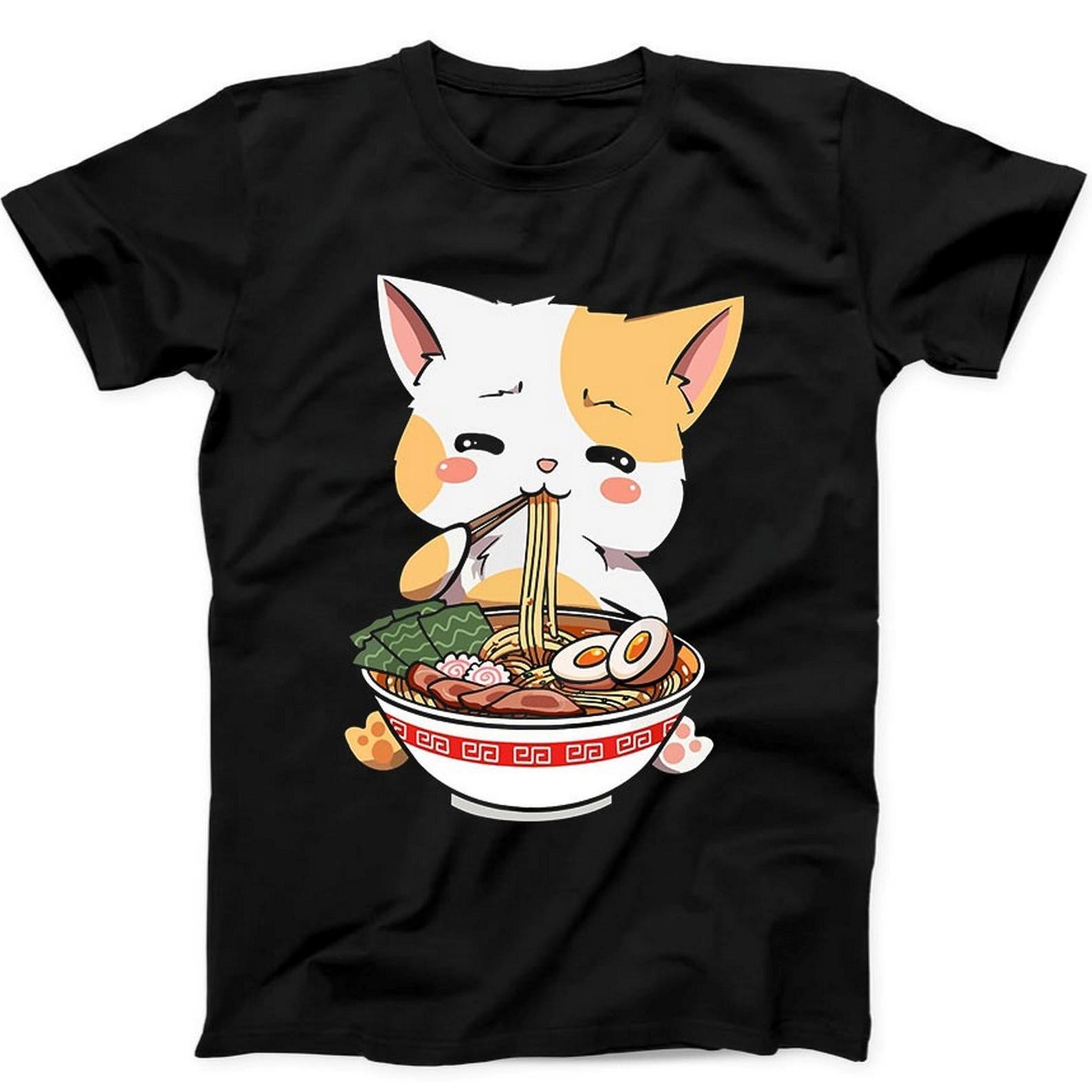 Ramen Cat Anime Kawaii Neko Cute Japanese Noodle Gift Tee Black T Shirt B17 XL