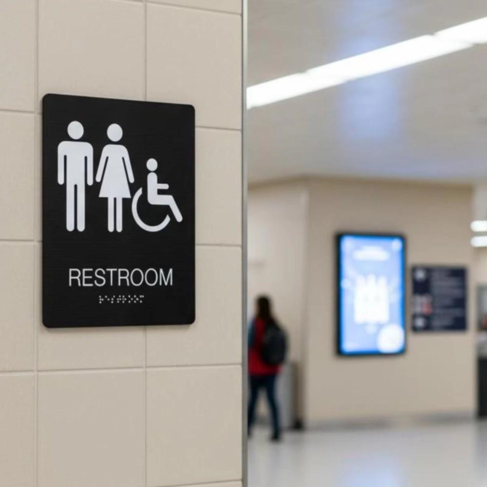Modern Acrylic Braille Restroom Sign Wall Mounted Self Adhesive Restroom Guide Removable Rectangle Toilet Mark School