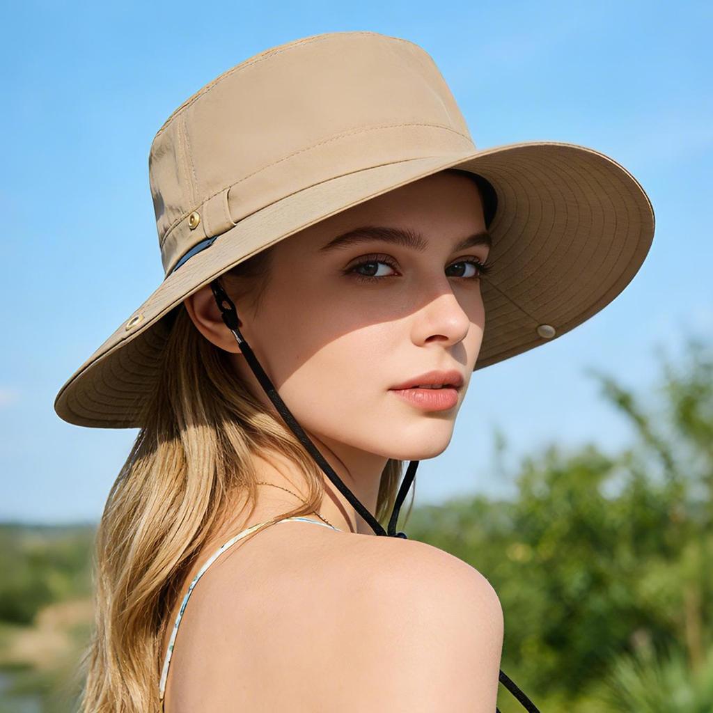 Chapeau seau de protection solaire avec mentonnière coupe-vent, Chapeau de pêche d'extérieur à large bord pour hommes femmes