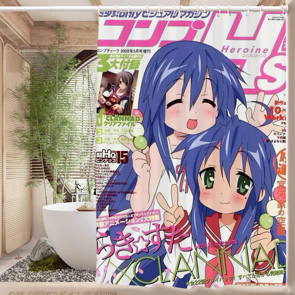 Popular Anime Cute L-Lucky Stars Polyester Shower Curtain Waterproof Rust Resistant Grommet Easy Care Wipe Clean Durable