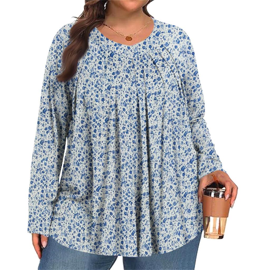 Dámská móda plus size Tištěný ležérní plisovaný top s kulatým výstřihem a dlouhým rukávem
