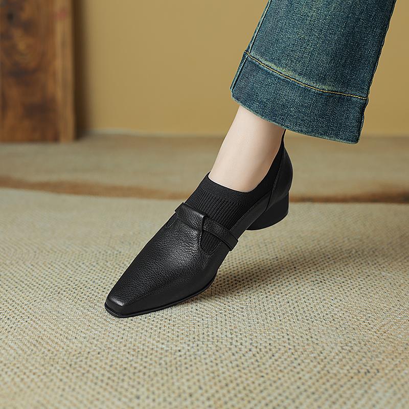 Fashion 2025 New Fashion Classic Spring Women's Shoes Genuine Leather Square Toe Chunky Mid Heel Shoes Women Concise Pumps Luxury Shoes