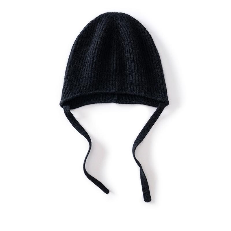 Autumn and Winter New% Pure Cashmere Hat Women's Fashion Lace-up Big Head Circumference Versatile Wool Knitted Ear Hat Tide