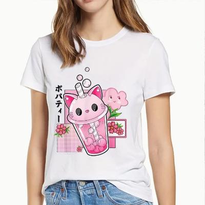 Fashion Women Milk Tea Cat Head Print T Shirt Funny Casual O-neck Short Sleeves T-shirt Summer Female Tee Shirt