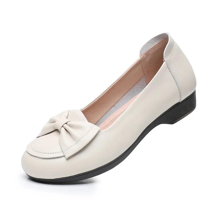 

Размер 35-43 Весна Осень Натуральная Кожа Мягкая Подошва Женская Обувь Мама Женщины Слипоны Мелкий Вырез Бант Повседневные Балетки Черные Рабочие Туфли 35