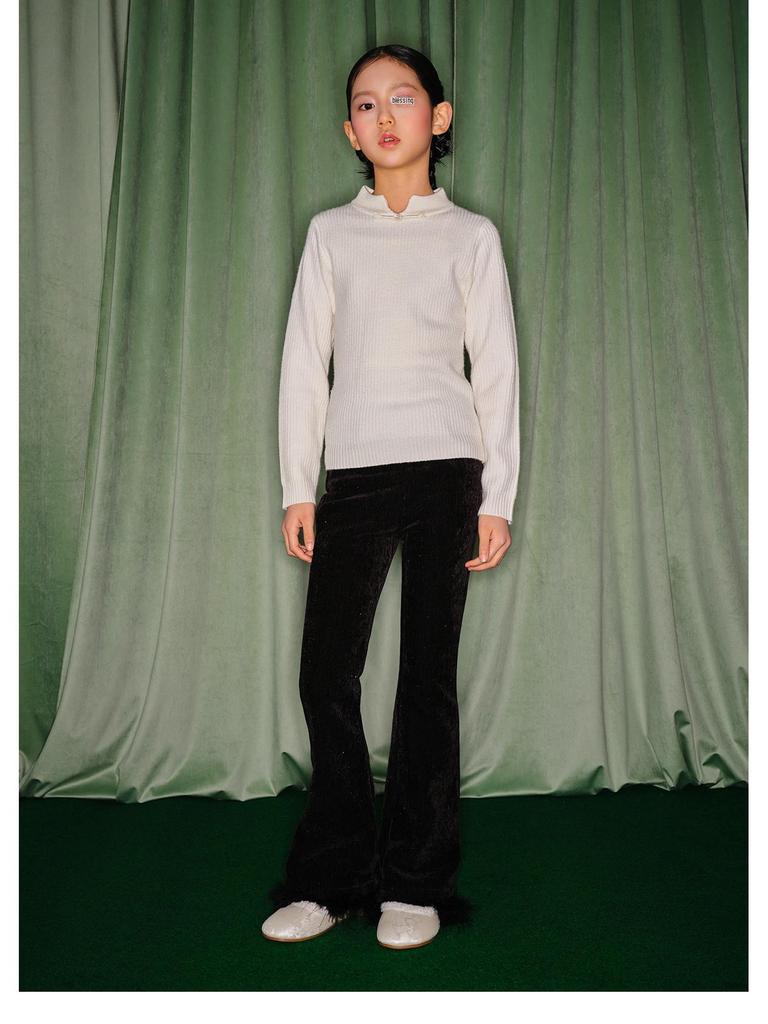 2025 New Chinese Style Girls' White Sweater - Thick Knit Base Layer for Autumn/Winter
