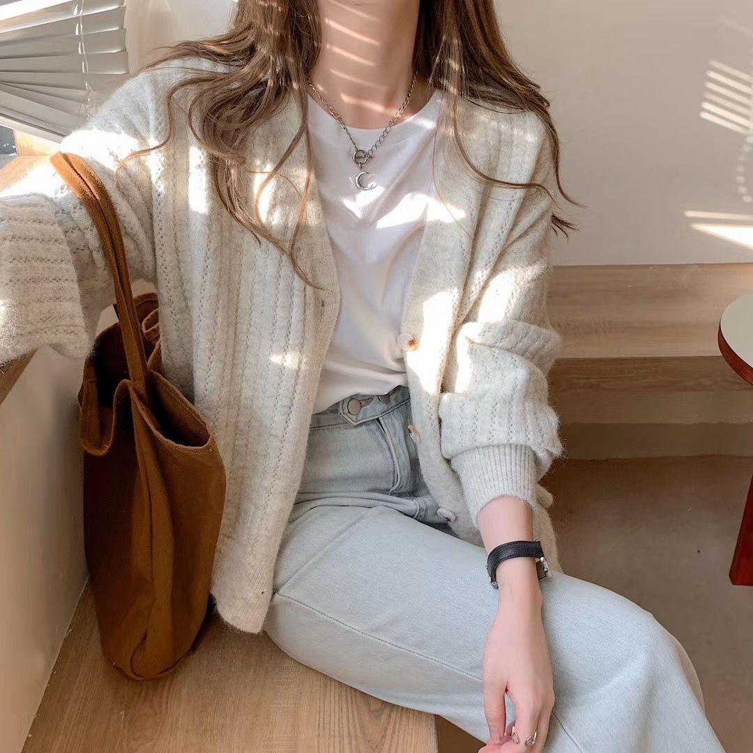 

Women s Loose Sweater Cardigan Early Spring Autumn Short Coat Lazy Style Korean Version Knitted Top Outerwear 3XL белый
