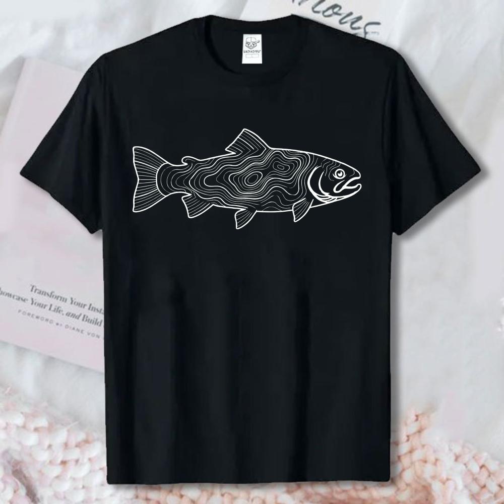 Trout Topographic Shirt Fly Fishing Contour Line Map Tee Minimalist Line Art Contour Map Outdoors Unisex Casual Shirt Cotton Tee