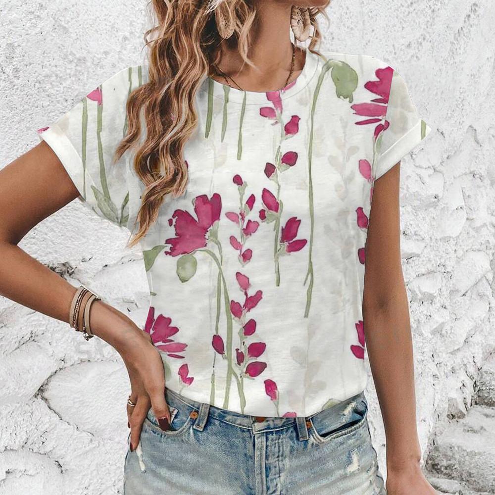 Elegant Vintage Style Flower Print T-shirt Top Summer Loose Breathable Women's T-shirt Fashion New Round Neck T-shirt