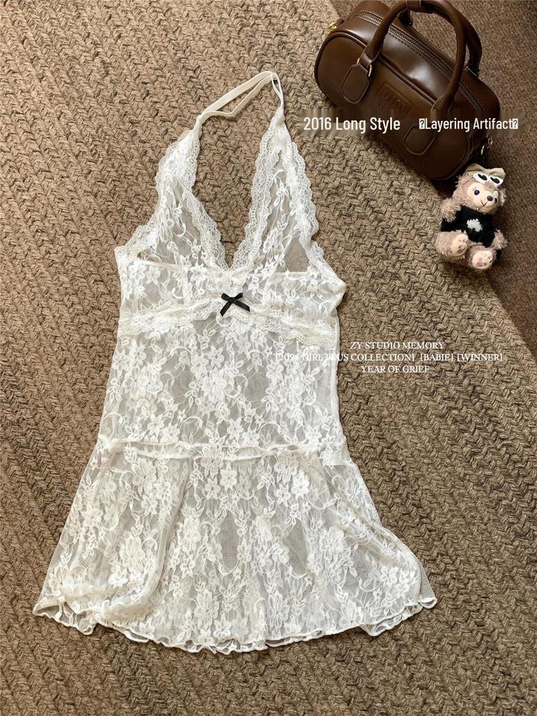 Winter 2024 Women's Lace Slip Dress - Sleeveless, Layered, Waist-Hugging with Bow