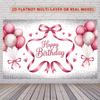 2D Pink Balloon Happy Birthday Backdrop with Hearts and Ribbons Party Banner