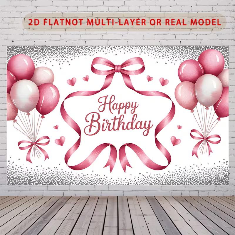 2D Pink Balloon Happy Birthday Backdrop with Hearts and Ribbons Party Banner