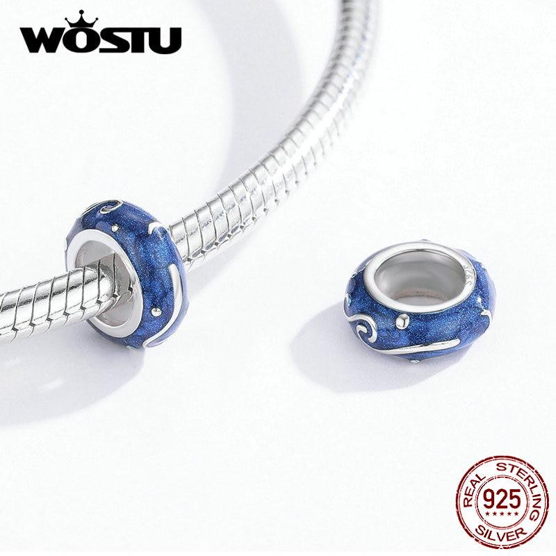 WOSTU Ekte 925 Sterling Sølv Stjerneklar Himmel Blå Stopper Silikon Mellomleggsperler Passer Original Armbånd