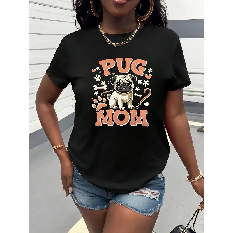 

Womens Pug Puppy Pattern Print Short Sleeve Crew Neck Casual Tee S чёрный