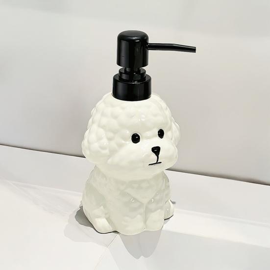 Dispensador de Sabão para Cães em Cerâmica de 400ML com Bomba Plástica, Recipiente Reabastecível em Formato de Filhote para Sabonete Líquido de Mãos, Frasco Vazio para Gel de Banho e Loção para Banheiro