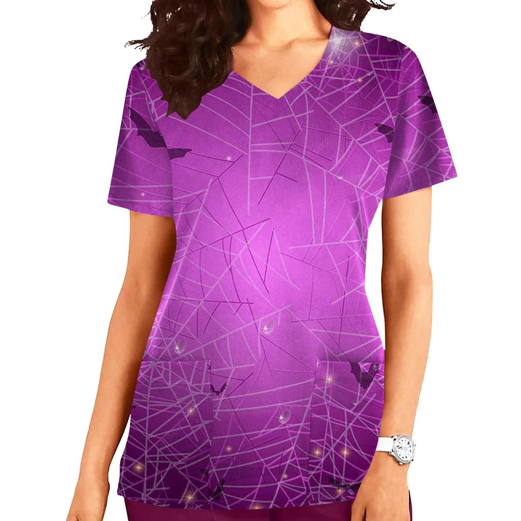 Halloween Womens Nursing Scrub Tops Working Uniform Summer Short Sleeve V Neck Pocket Workwear Blouse T-shirt Loose Nursing Scru