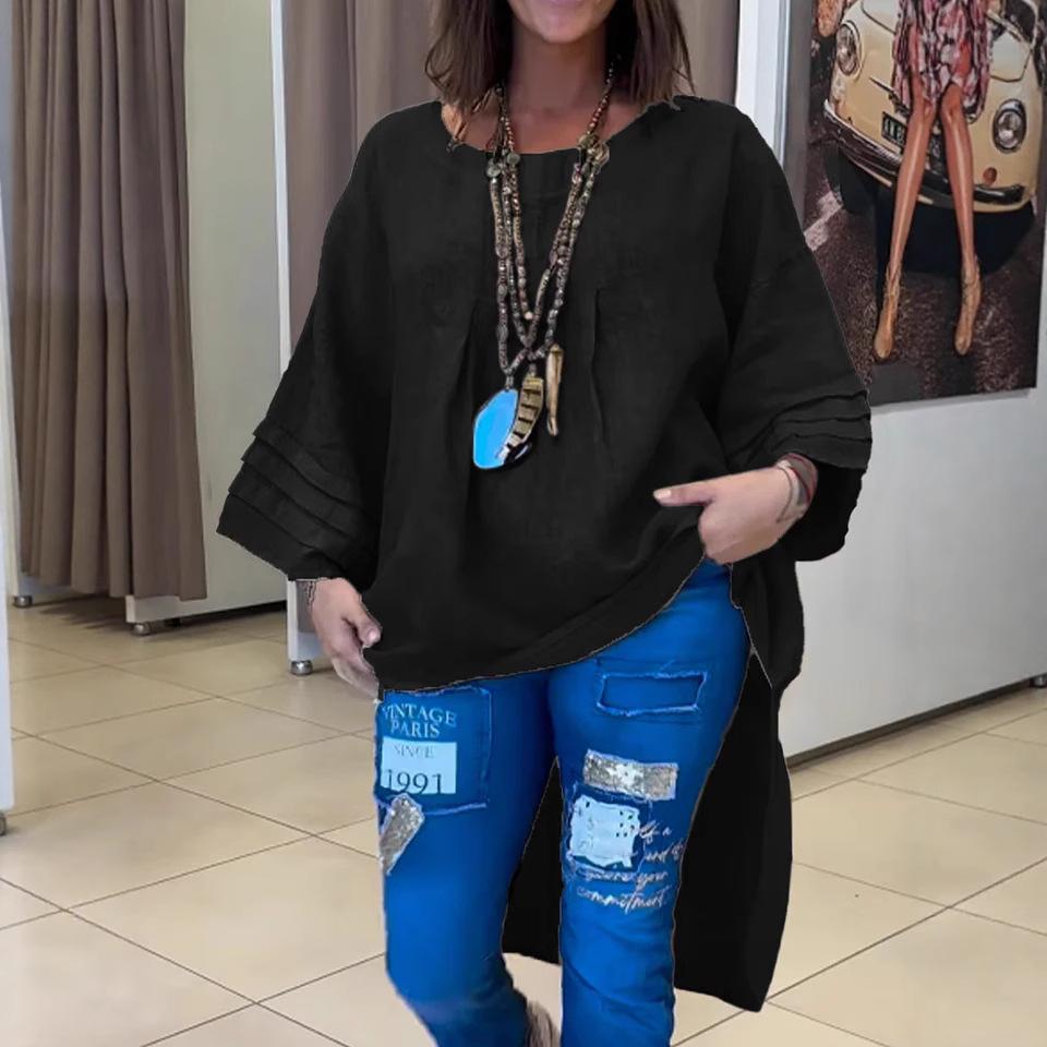 Women's Casual and Fashionable Solid-color Round-neck Pullover Shirt