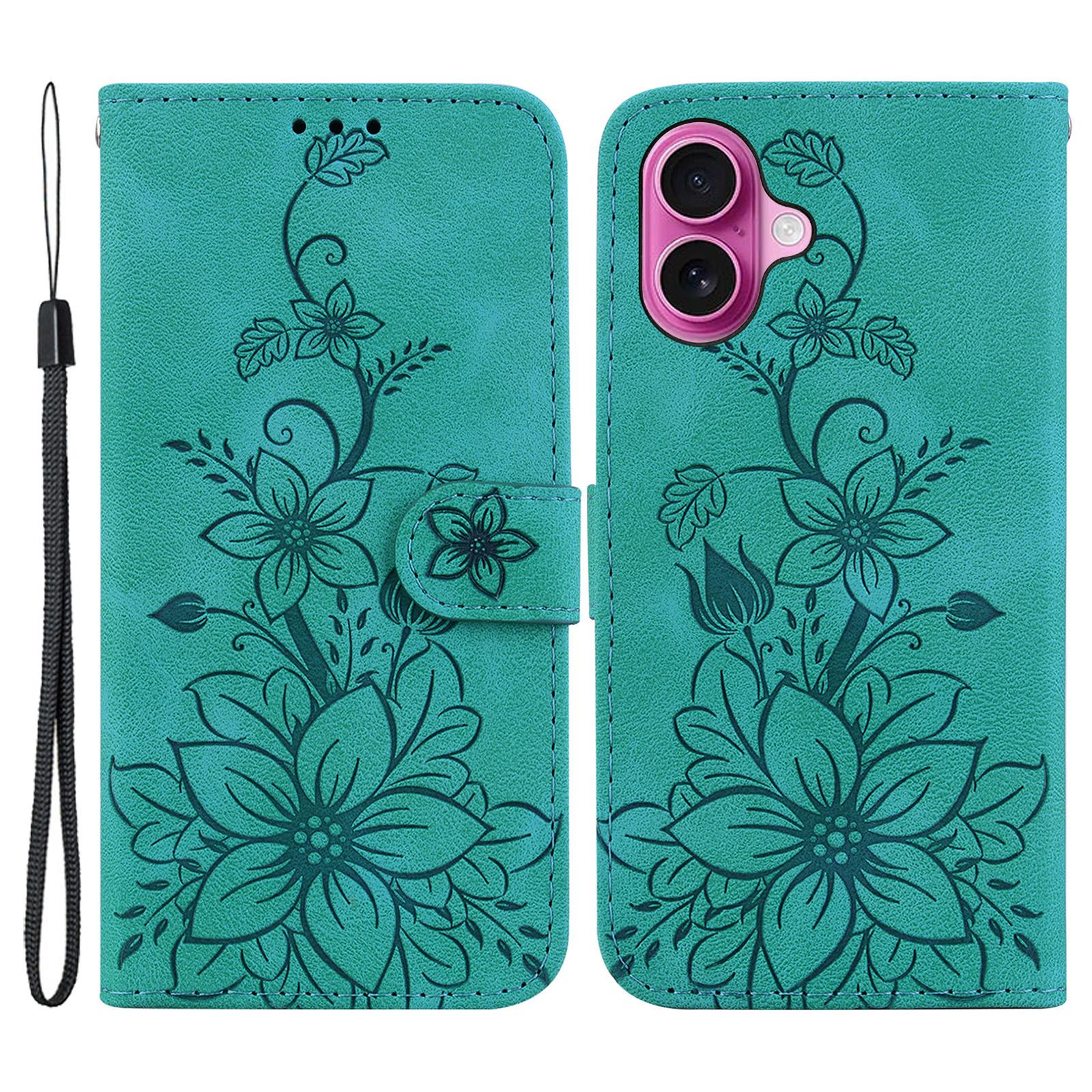 

For iPhone 16 Plus Wallet Case PU Leather Phone Cover Flower Imprinted Green