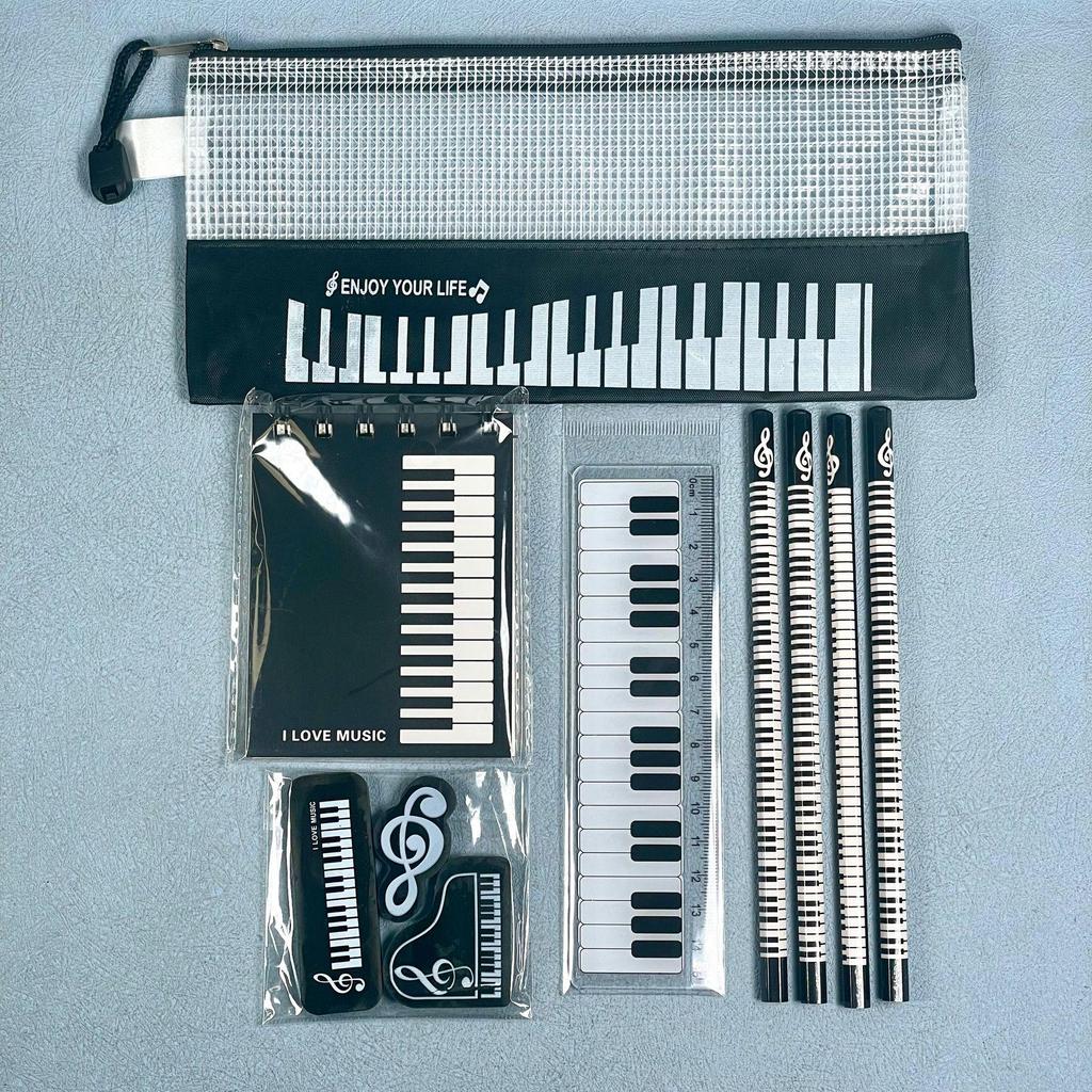 Elementary Music-Themed Stationery Set: Piano Notes Pencil Case, Eraser, Pencil, Ruler, Small Notebook