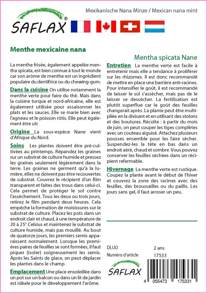 SAFLAX Garden In the Bag - Mexican Nana Mint - 500 Seeds - With Substrate In a Fitting Stand Up Bag - Mentha Spicata