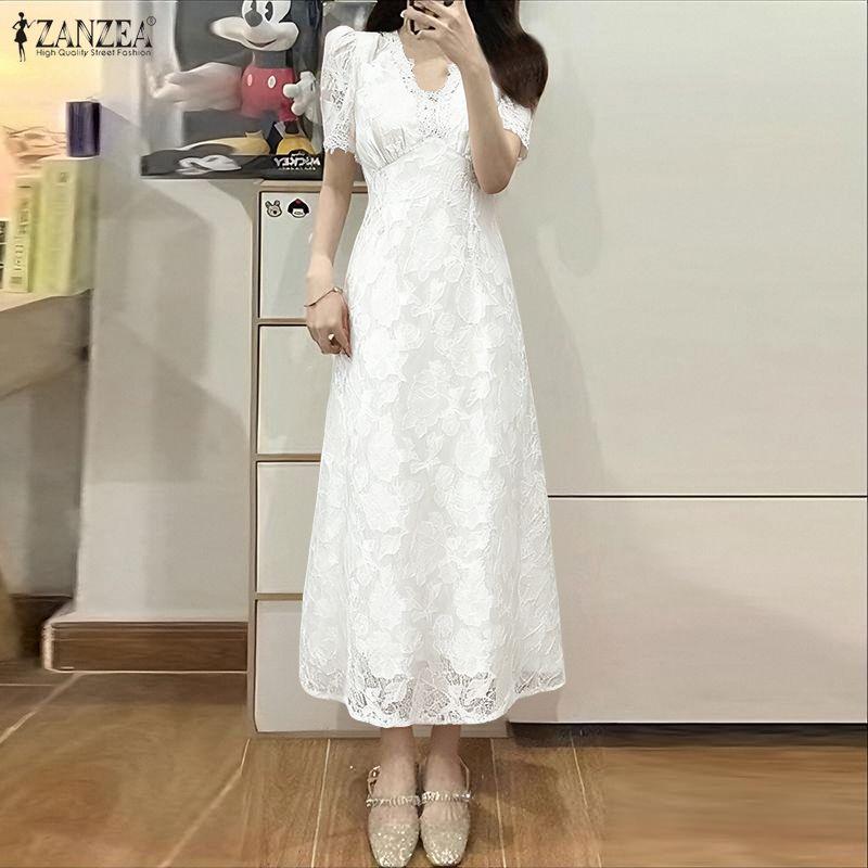 ZANZEA Women V-Neck Summer Short Sleeve Patchwork Lace Dress