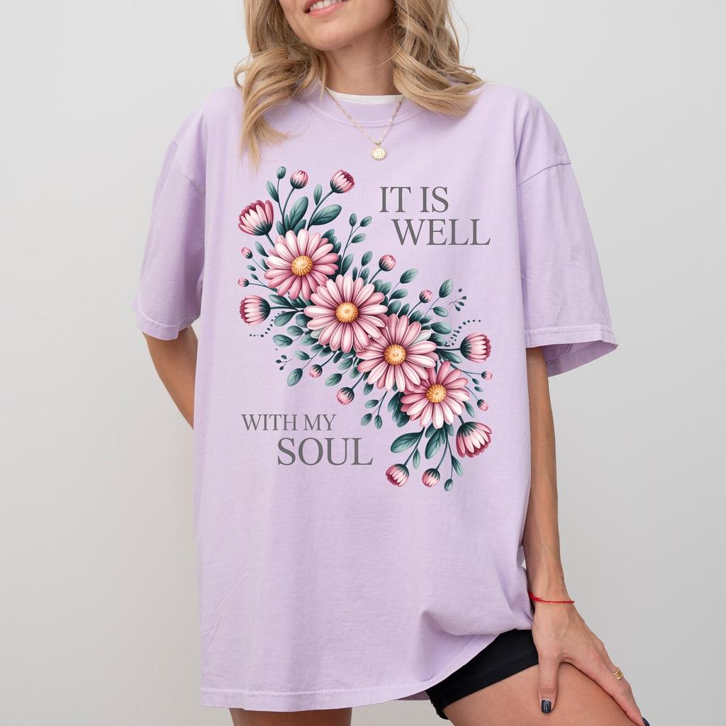 It Is Well With My Soul Floral Christian T-Shirt, Botanical Scripture Tee