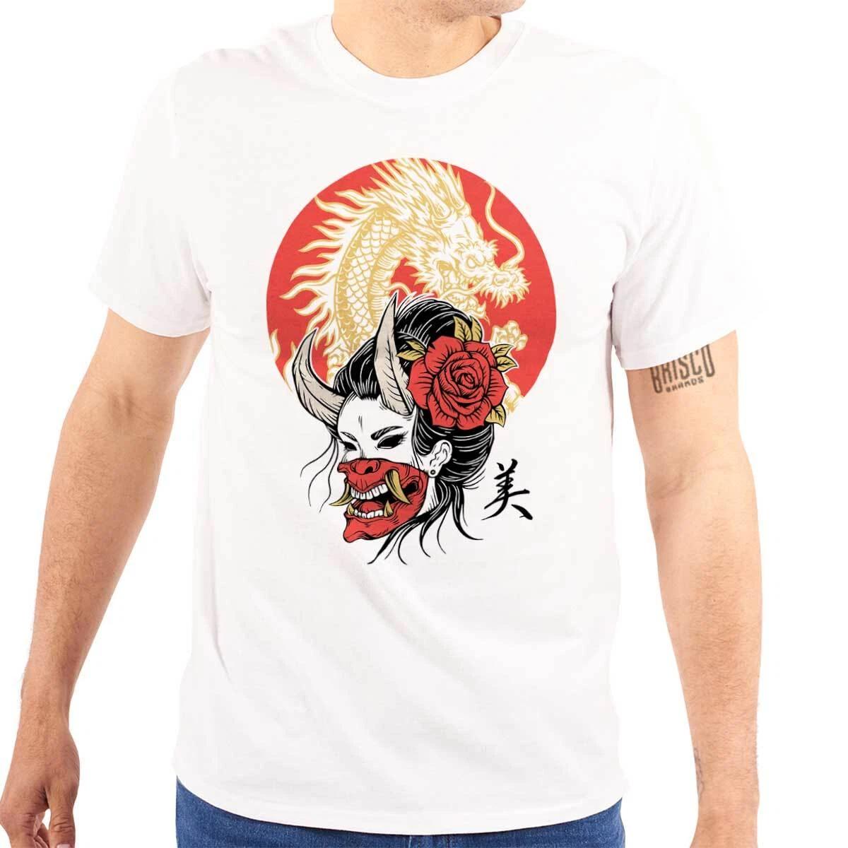 Chinese Dragon Hannya Devil Oni Mask Lady Womens or Mens Crewneck T Shirt Tee XL