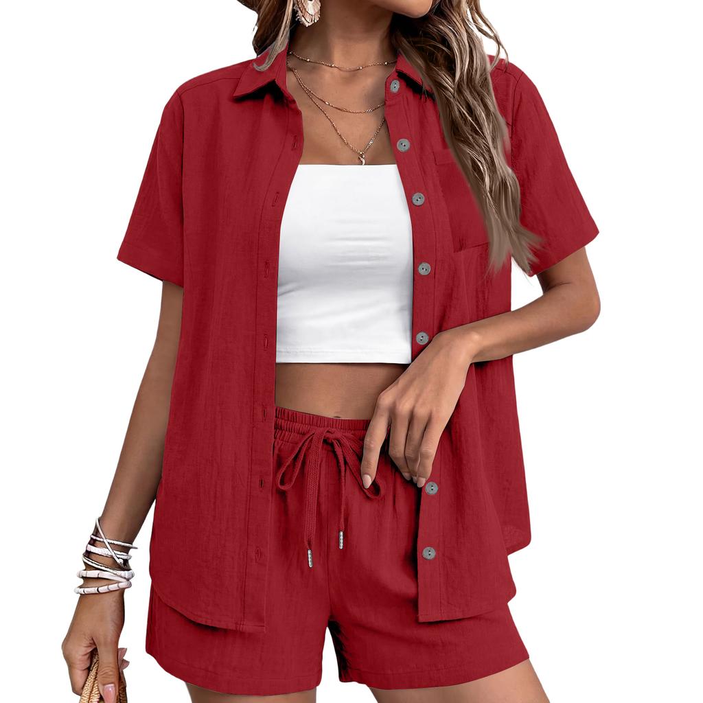Women Short Sleeve Button Down Shirt and Shorts Set Two Piece Outfit with Pockets Casual Loose Fit Drawstring Waist Lounge Set